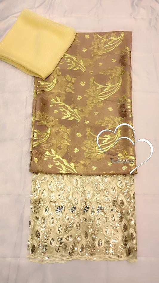 Salouva 3PICE Jaune Or - broderie florale dorée et dentelle crème paillettes