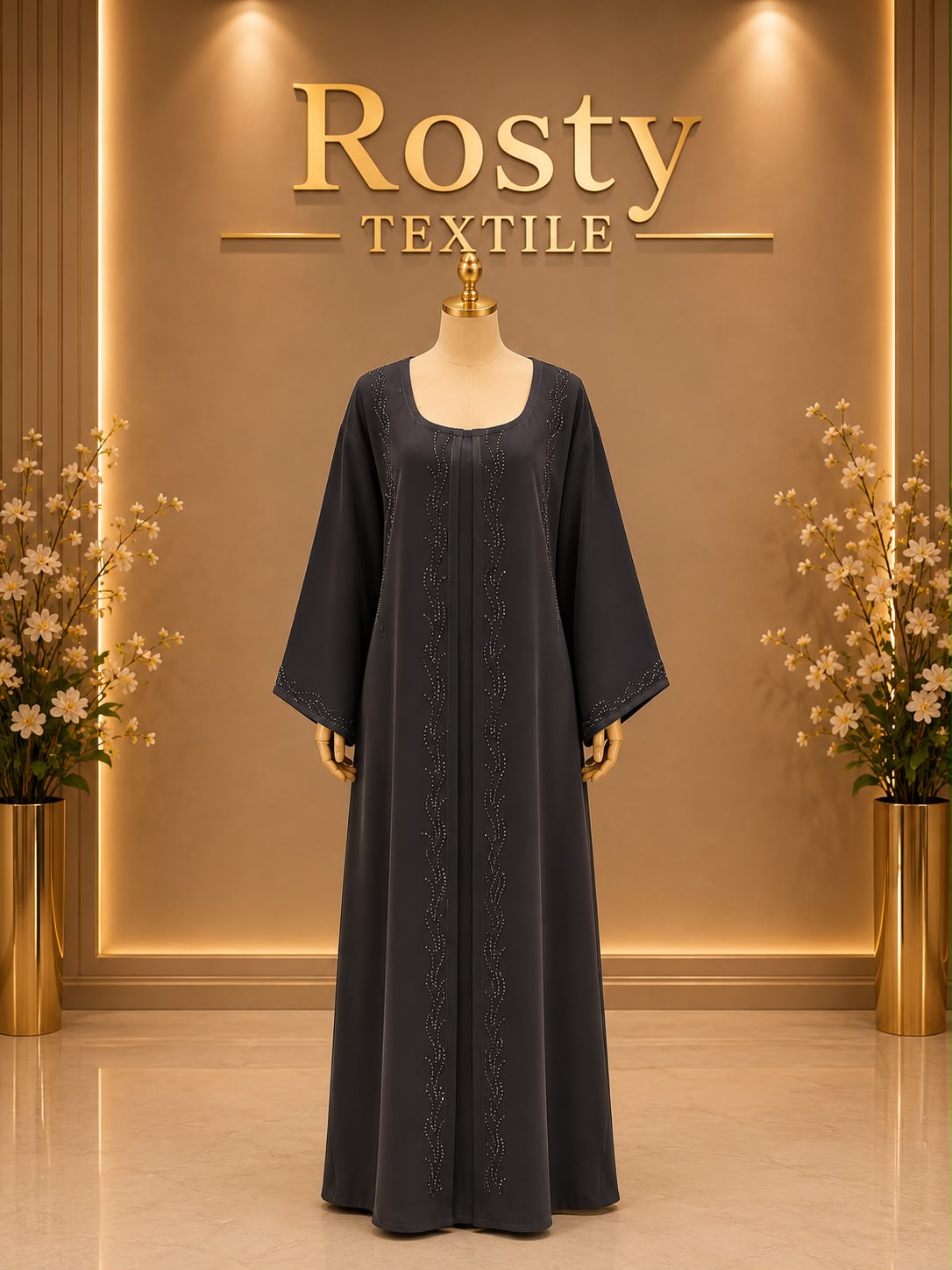 Abaya enfant gris ardoise cristaux broderie vagues manches larges Rosty Textile