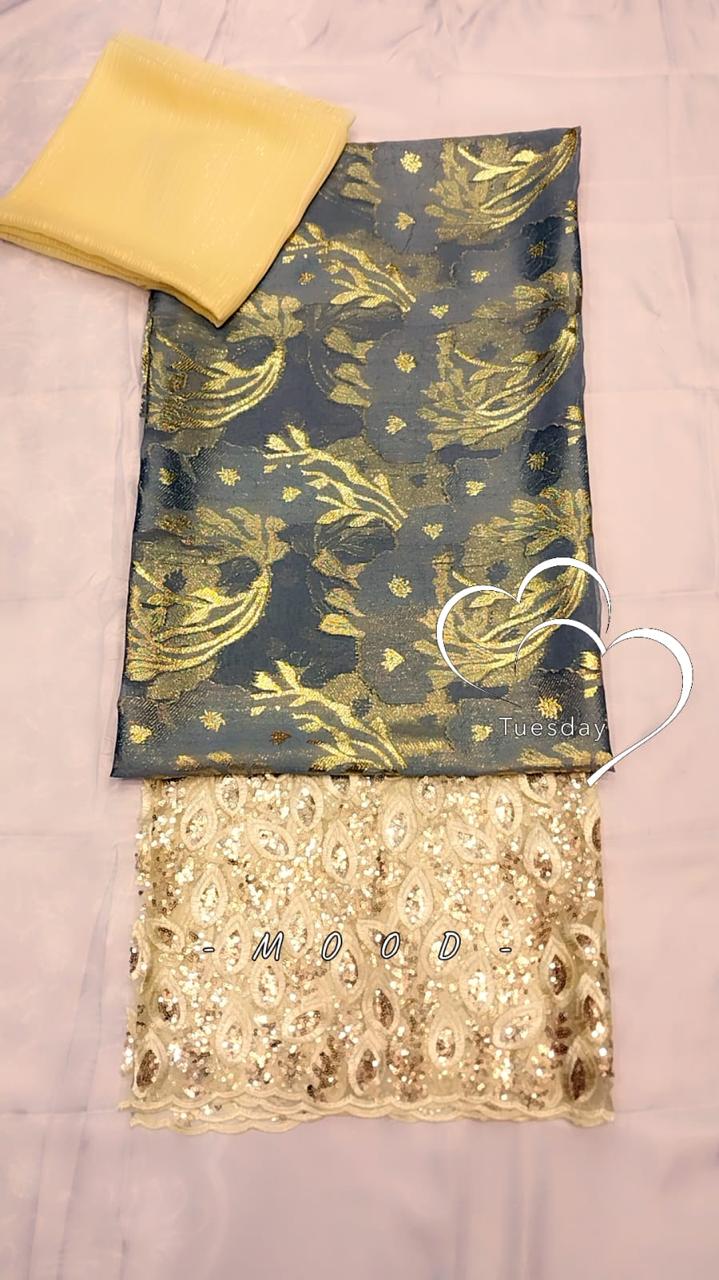 Salouva 3PICE Gris Bleu - broderie florale dorée et dentelle crème paillettes