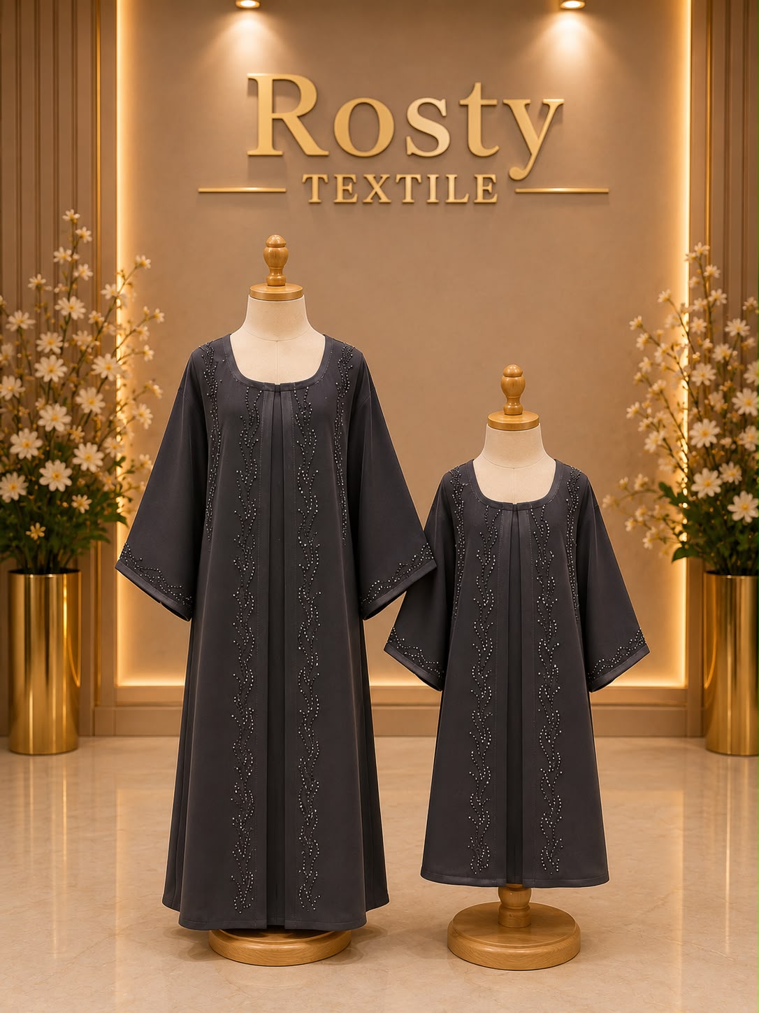 Duo mère-fille abaya gris ardoise cristaux broderie vagues manches larges Rosty Textile