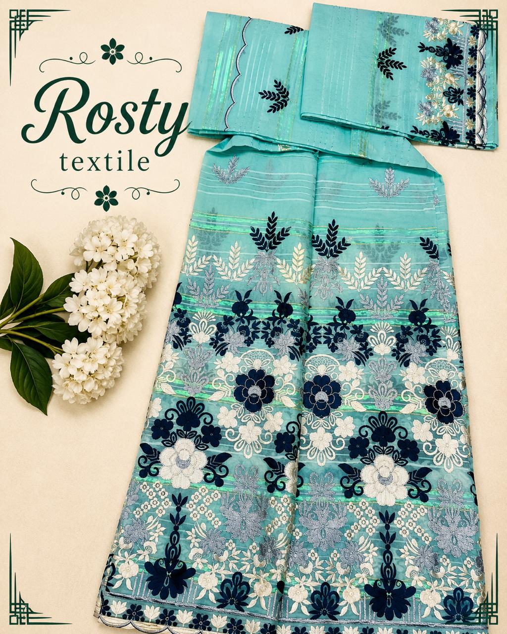Salouva turquoise brodée gris argenté motifs paisley et fleurs