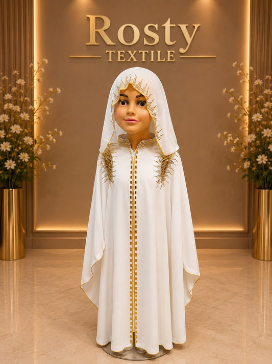 Abaya enfant blanche cristaux dorés col mandarin voile assorti Rosty Textile