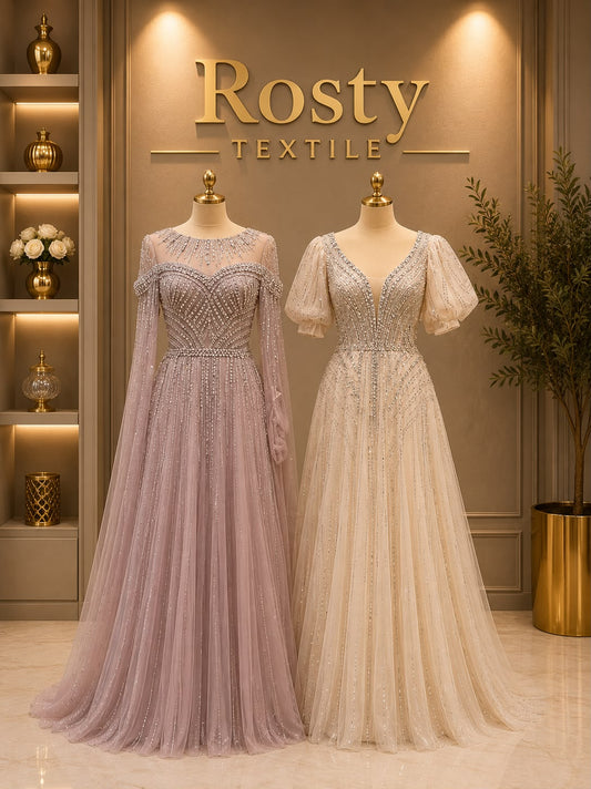 Robe de Soirée Mauve Rose Poudré Cristaux & Cape Longue