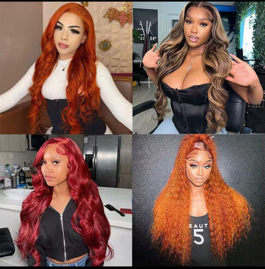 Perruque colorée body wave lace frontale HD orange rouge gingembre brun