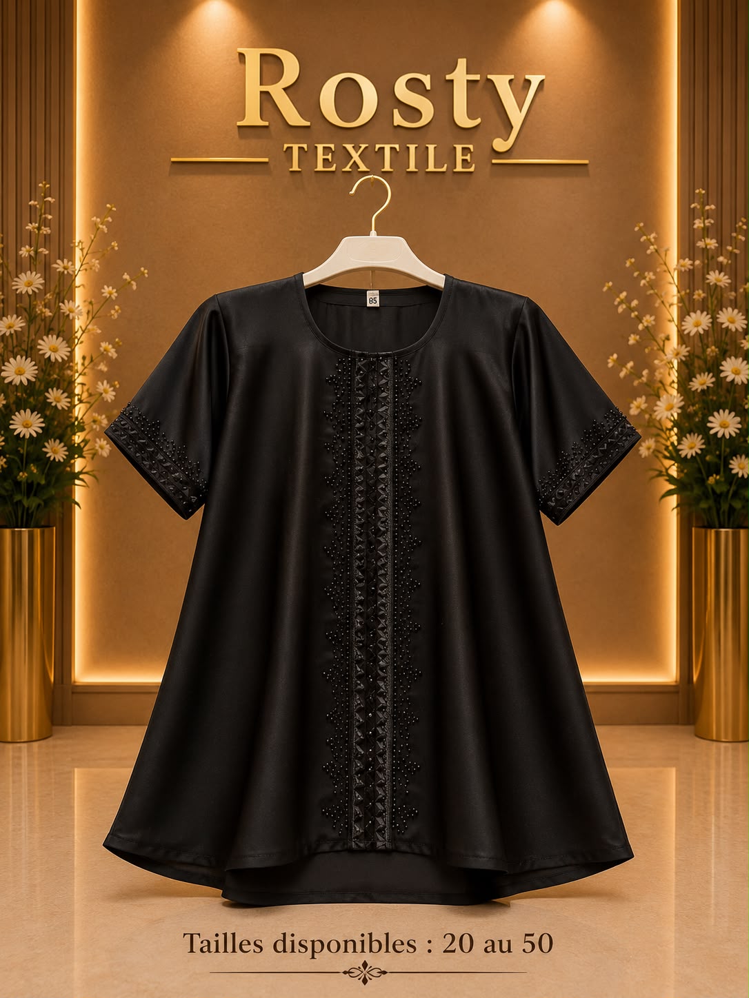 Abaya enfant noire broderie dentelle col rond manches courtes Rosty Textile