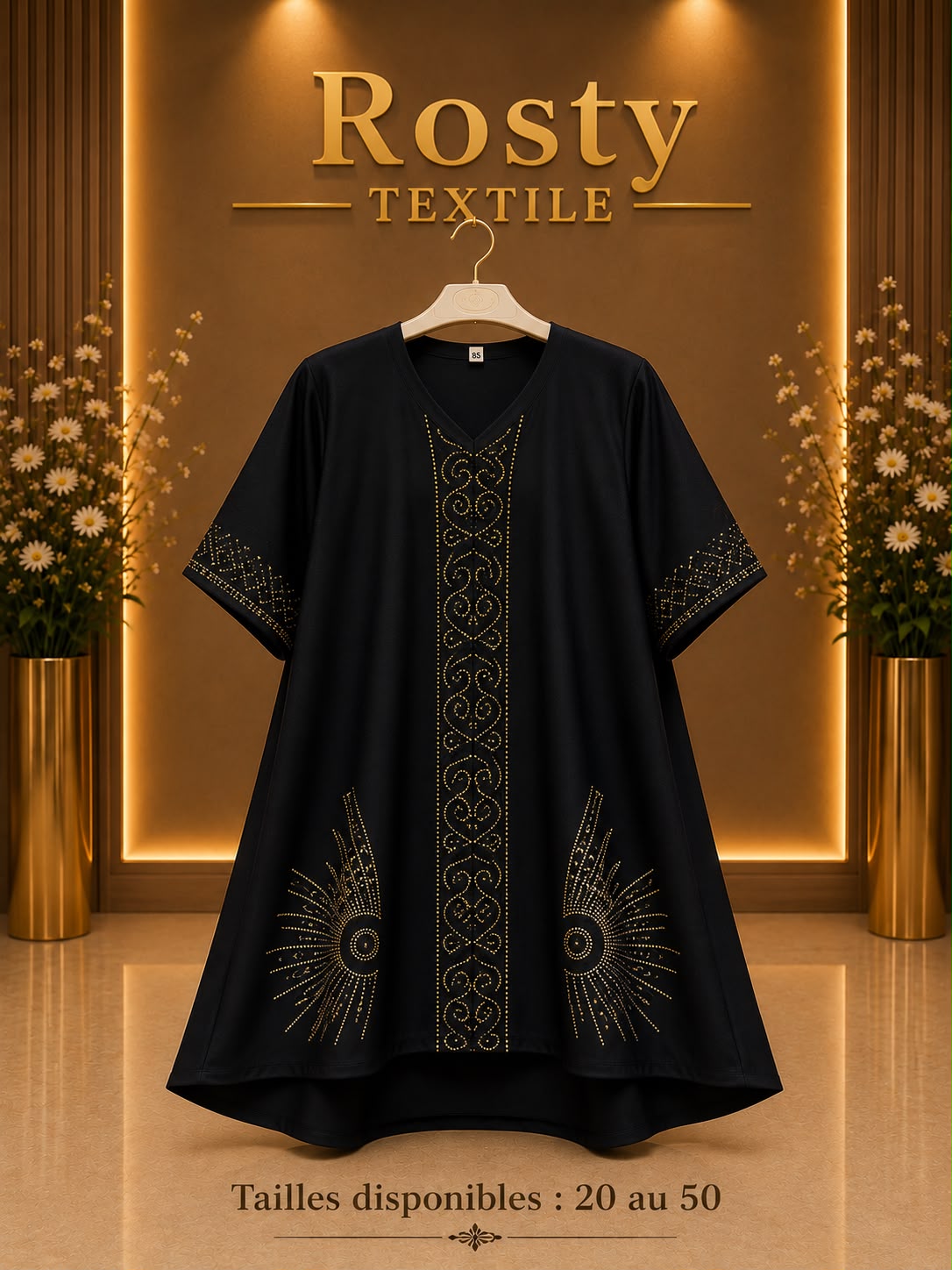Abaya enfant noire cristaux motifs arabesques soleil manches courtes Rosty Textile