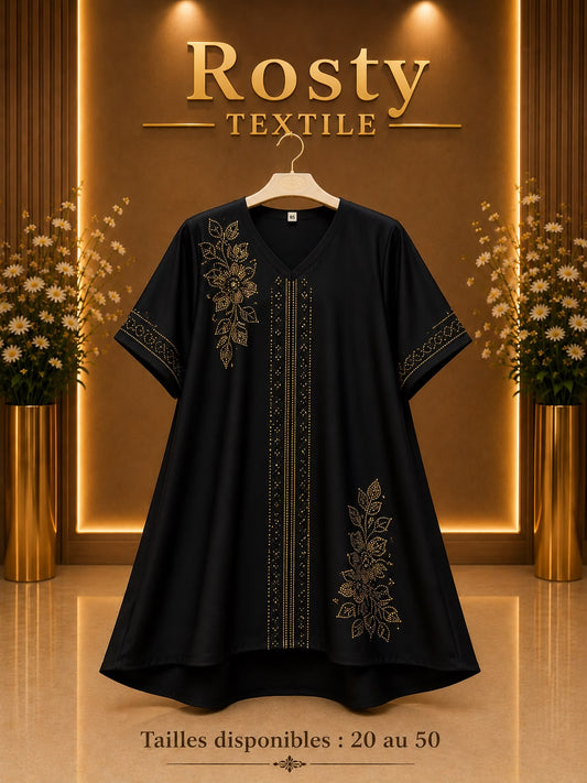 Abaya enfant noire cristaux motifs floraux feuilles col V manches courtes Rosty Textile