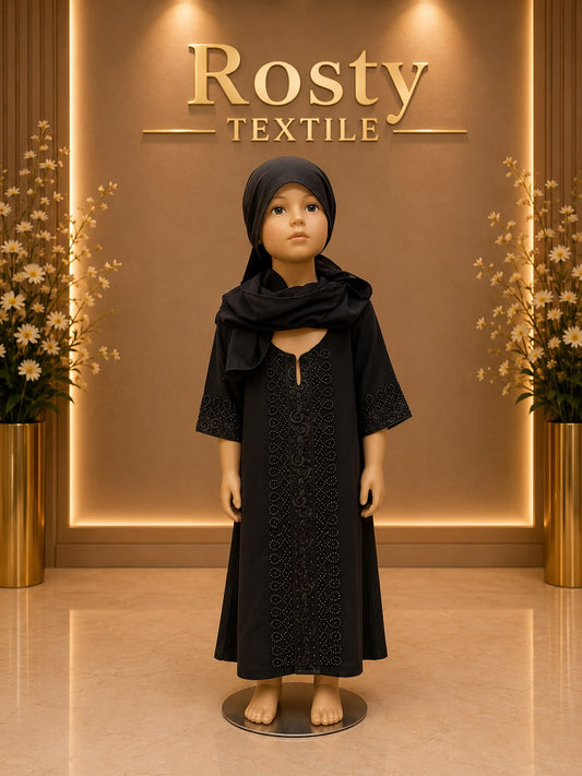 Abaya enfant noire cristaux broderie col keyhole manches longues Rosty Textile