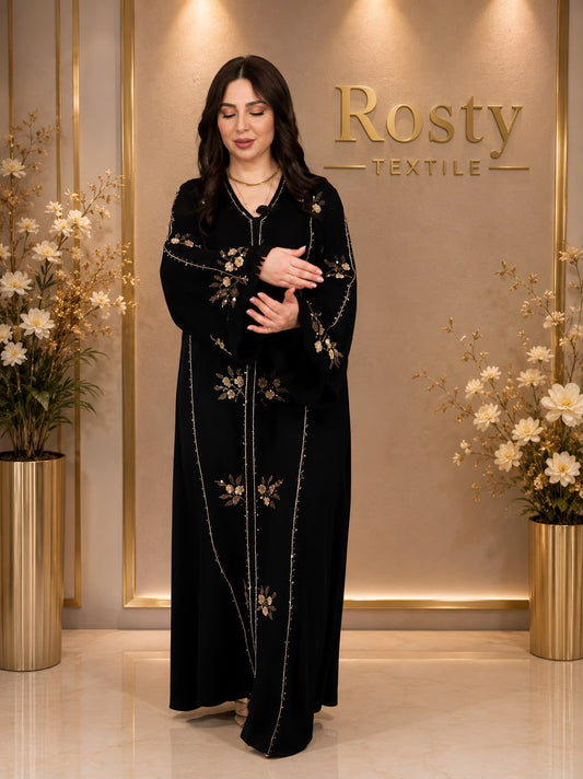 Abaya noire brodée florale dorée premium Rosty Textile