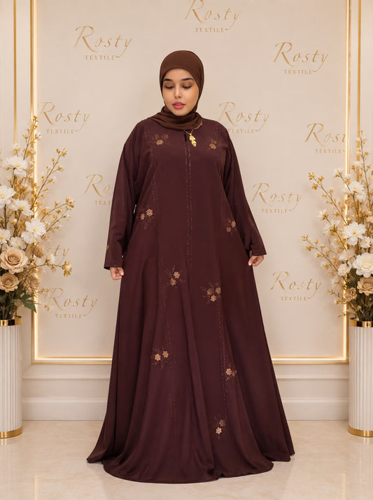 Abaya marron chocolat brodée florale Rosty Textile