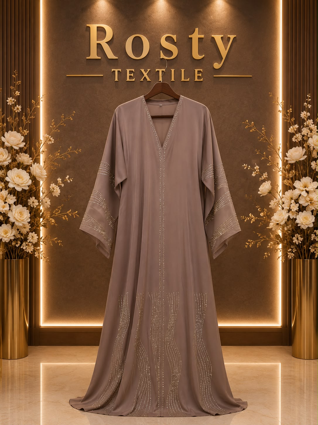 Abaya gris taupe strass ondulés Rosty Textile