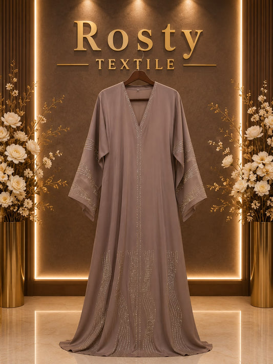 Abaya gris taupe strass ondulés Rosty Textile