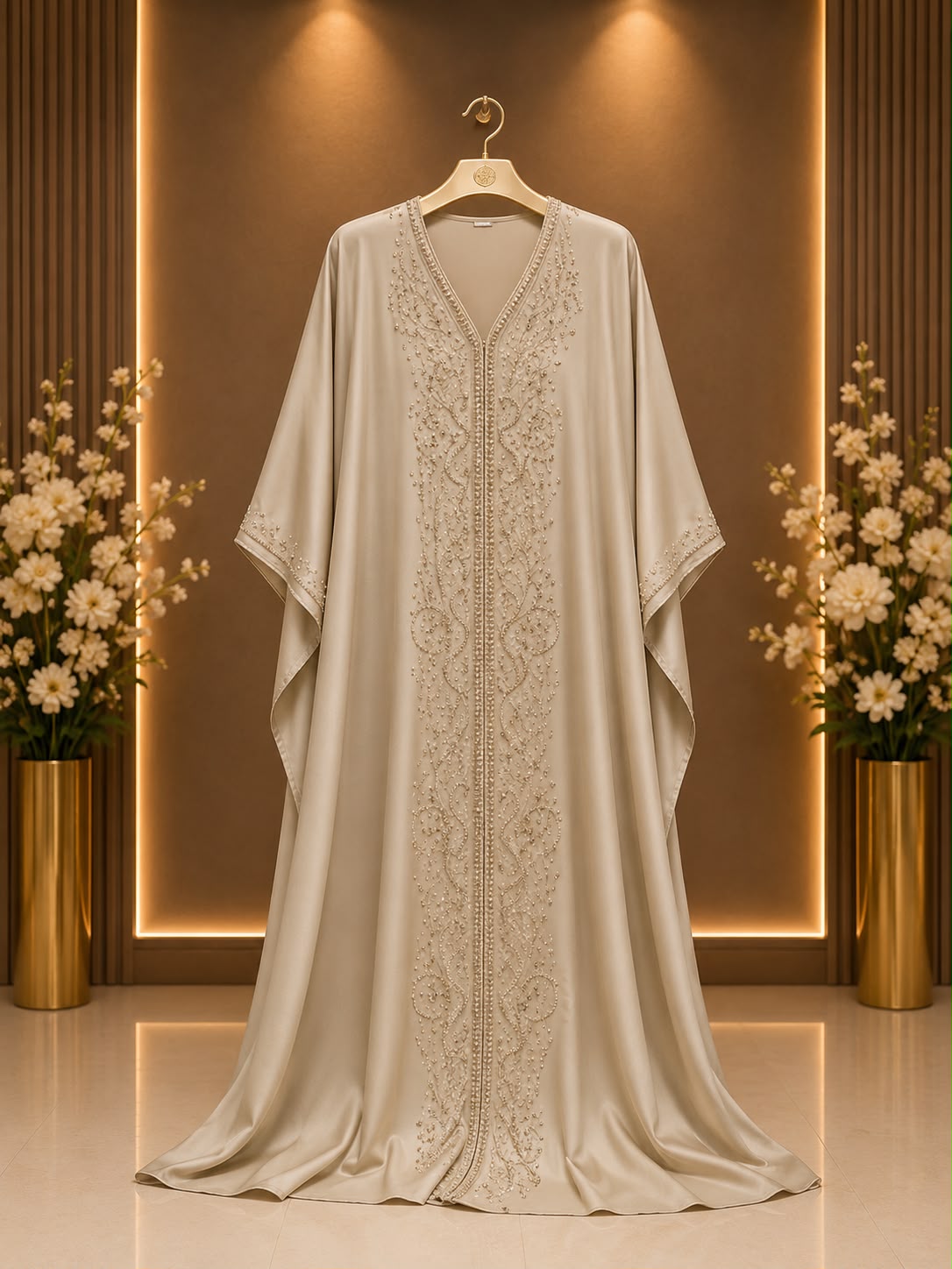 Abaya Beige Nacré Brodée Florale