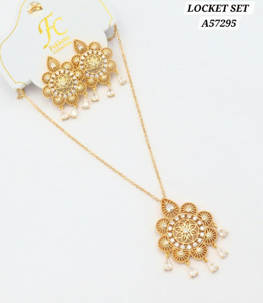 Parure choker set doré motifs floraux hexagonaux zircons marquise réf A35393