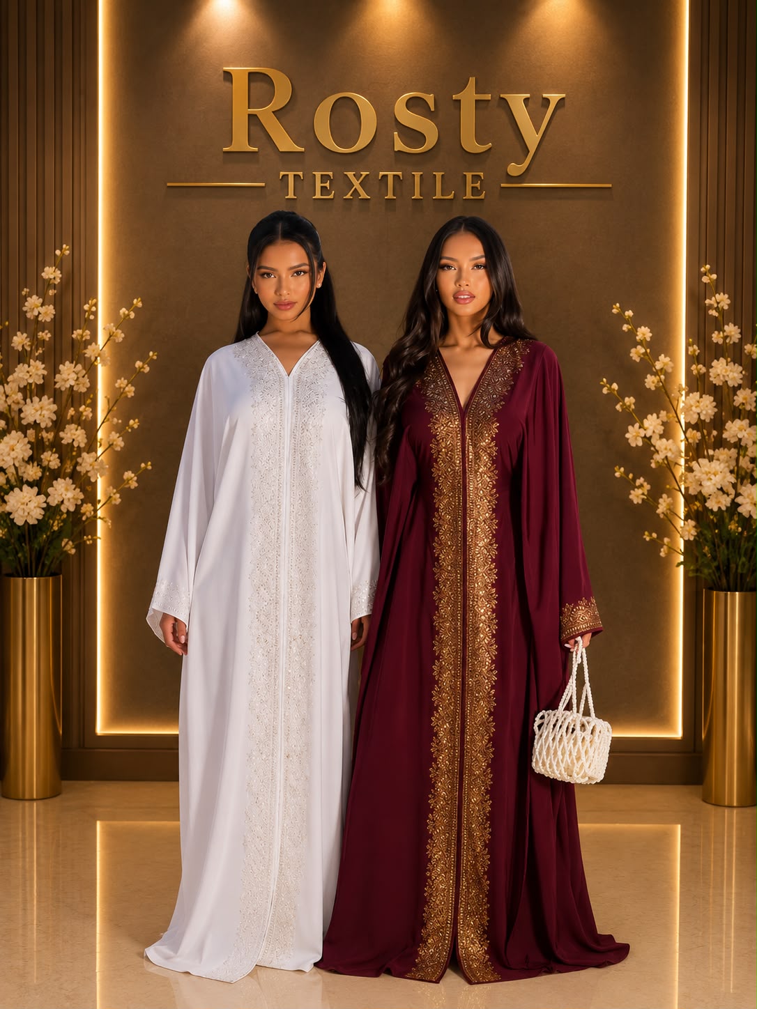 Abaya gris manches évasées fleuries Rosty Textile