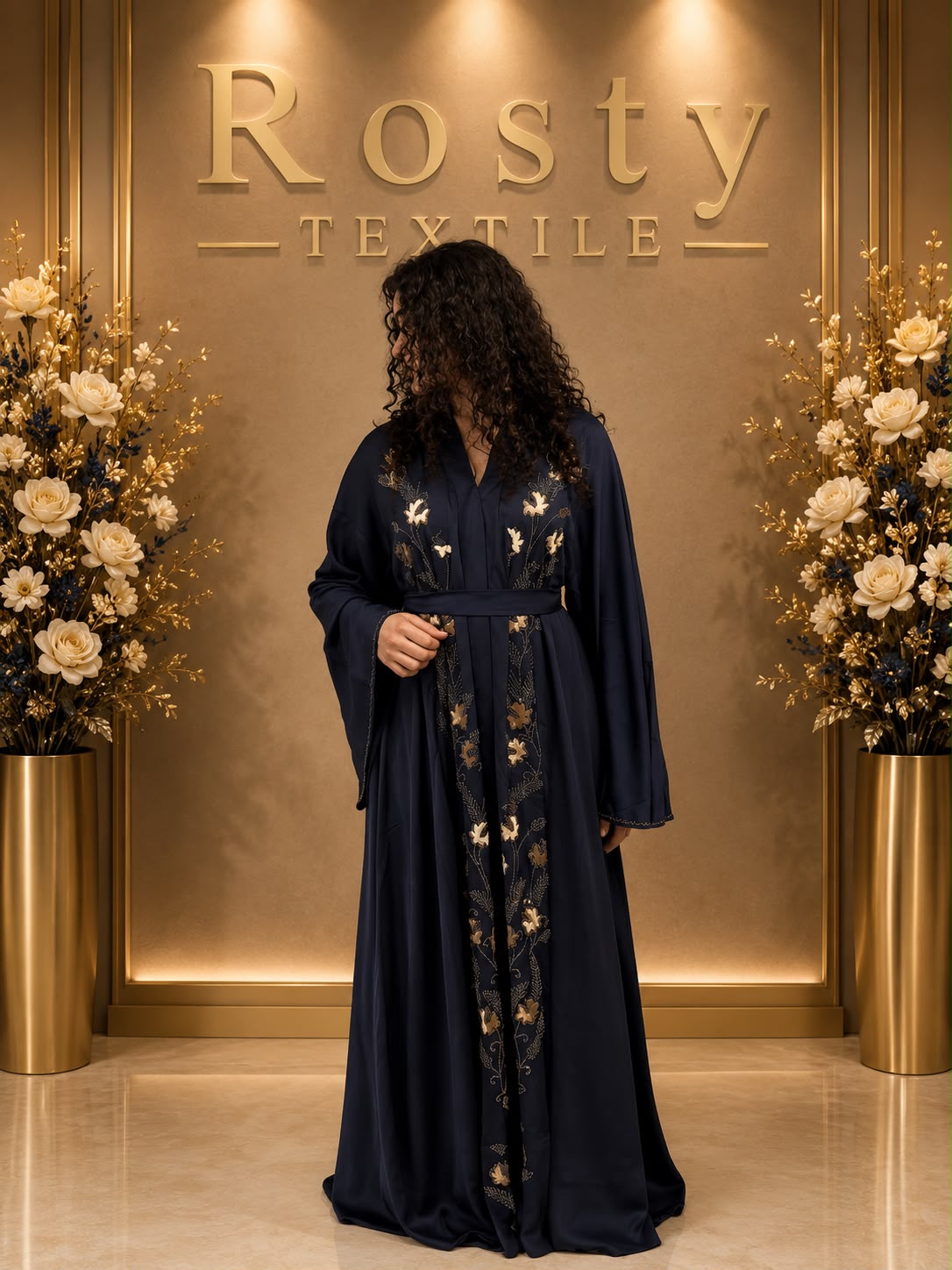 Abaya beige nacré brodée florale Rosty Textile