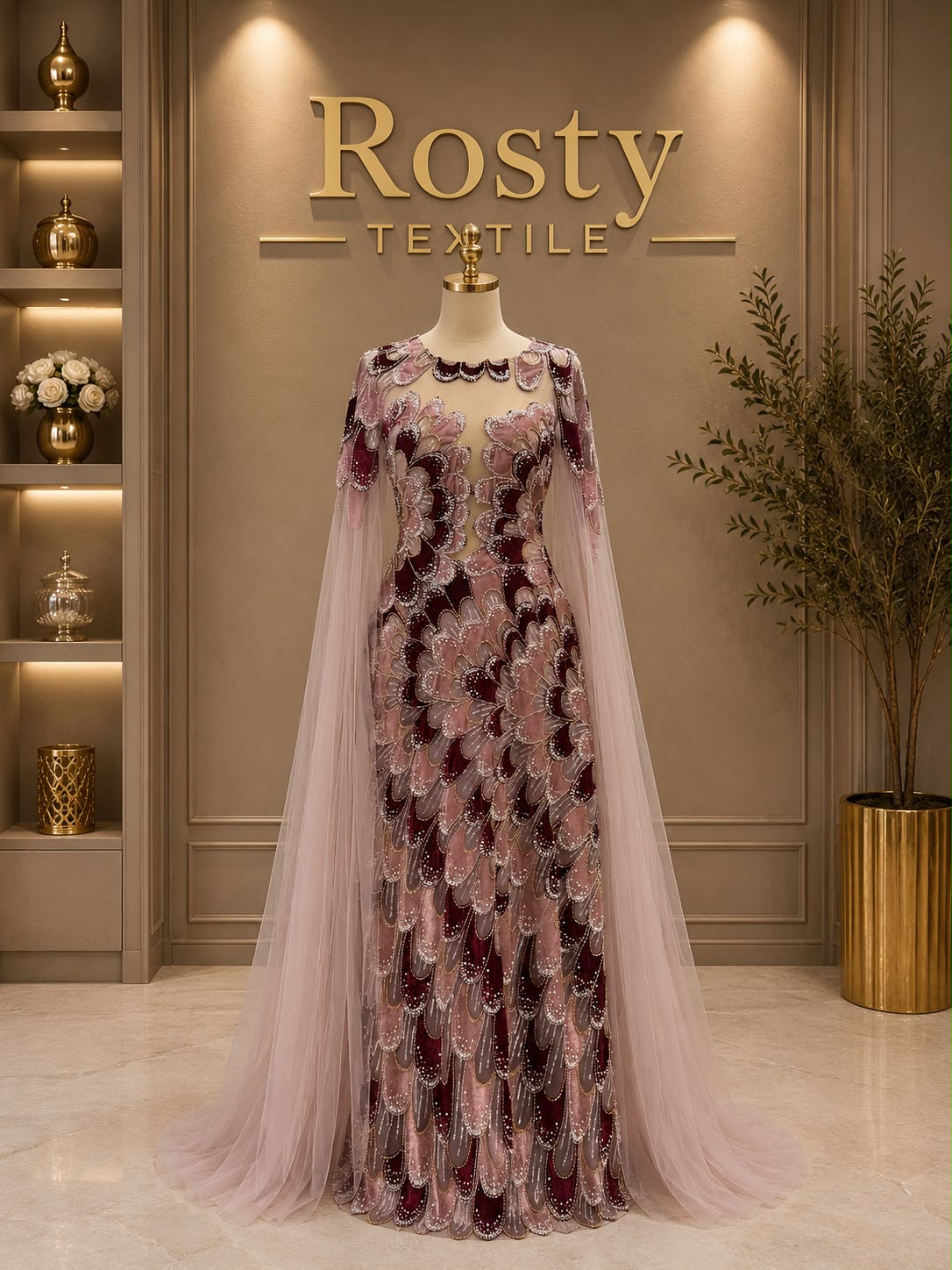 Robe de soirée bordeaux rose poudré plumes brodées perles cape tulle Rosty Textile