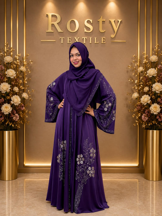 Abaya femme noire broderie florale col V manches bouffantes Rosty Textile