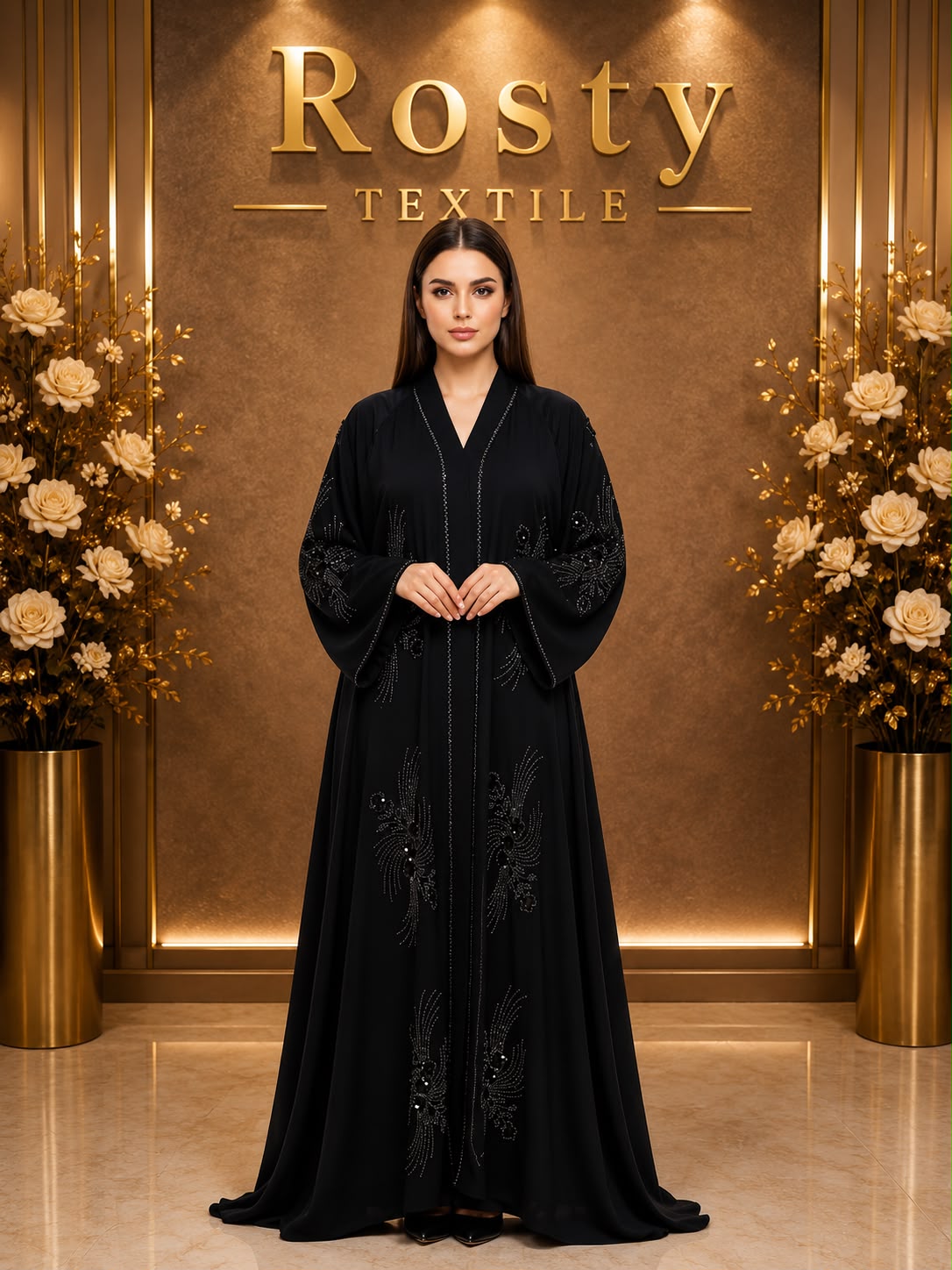 Abaya femme noire cristaux dorés motifs flammes manches chauve-souris Rosty Textile