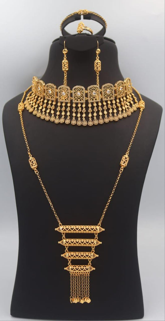 Parure bijoux dorée 5 pièces collier filigrane et sautoir rectangulaire