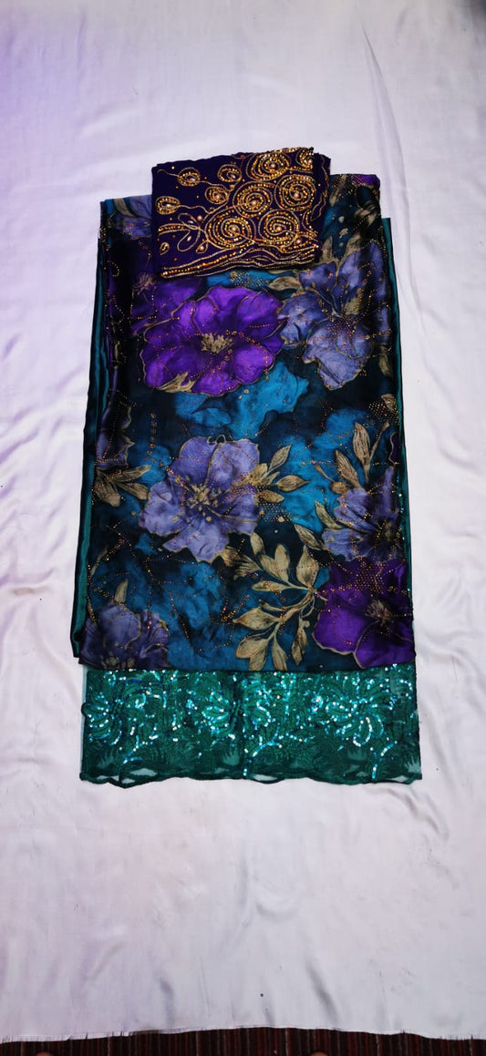 Salouva 3 pièces vert émeraude et violet floral brodé