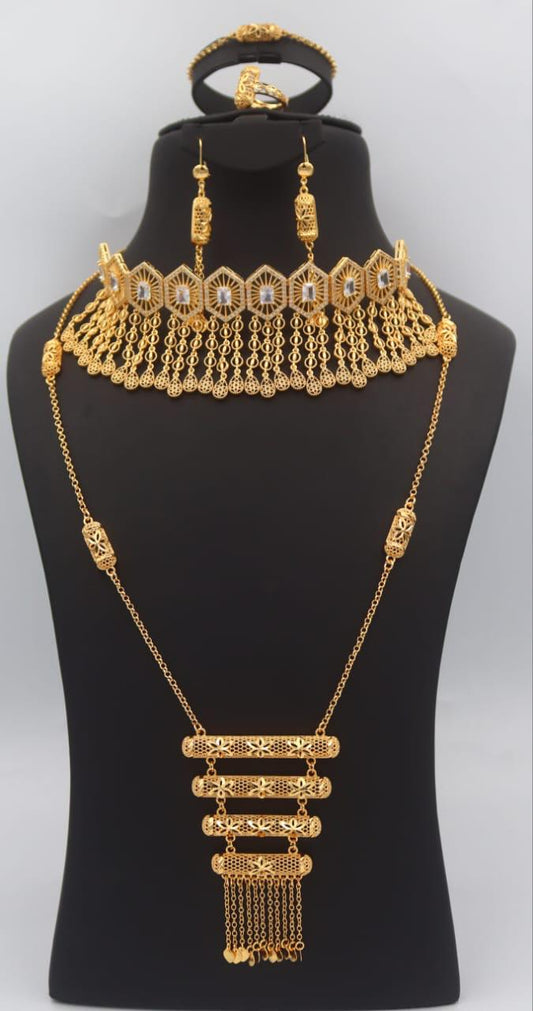 Parure bijoux dorée 5 pièces collier baroque et sautoir pendentif