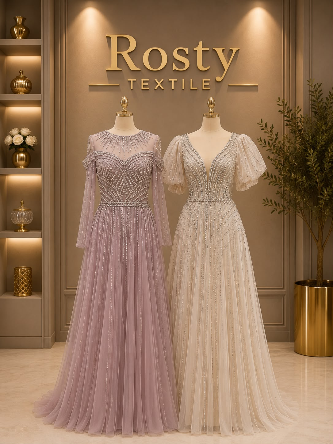 Robe de soirée mauve cristaux fils scintillants manches longues Rosty Textile