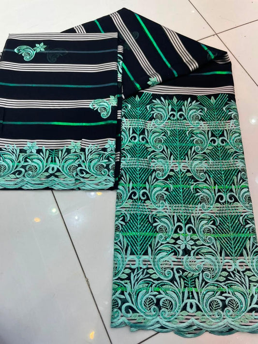 Salouva tissu dentelle brodé beige sable et vert olive doré motifs feuilles tropicales