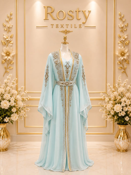 Caftan bleu glacier brodé argent et gold avec ceinture Rosty Textile