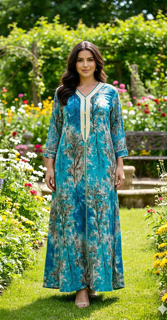 Bubu longue rose fuchsia pour femme avec motifs floraux et finitions contrastées