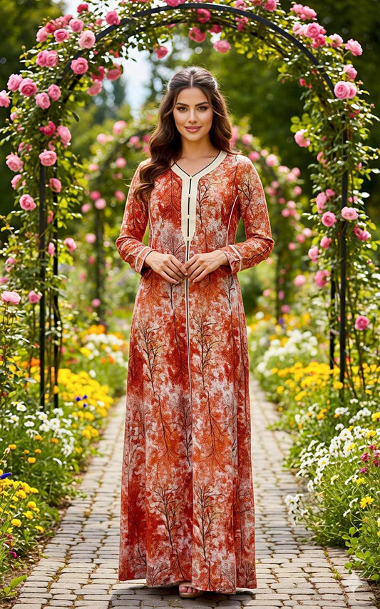 Bubu longue turquoise pour femme avec motifs floraux et finitions contrastées