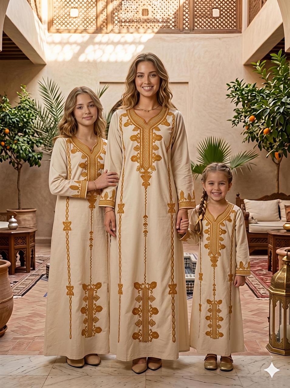 Bubu longue orange pour femme avec broderies dorées sur le devant et les manches