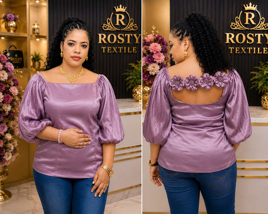 Blouse Satin Beige – Col V Manches Bouffantes