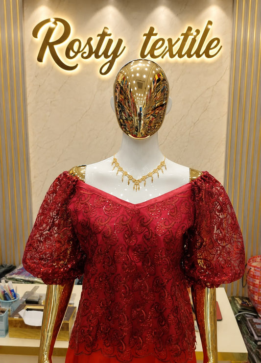 Body en Dentelle Rouge Bordeaux – Manches Bouffantes