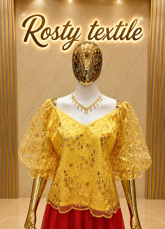 Body en Dentelle Jaune Doré – Manches Bouffantes