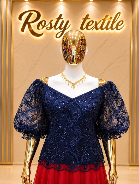 Body en Dentelle Bleu Marine – Manches Bouffantes