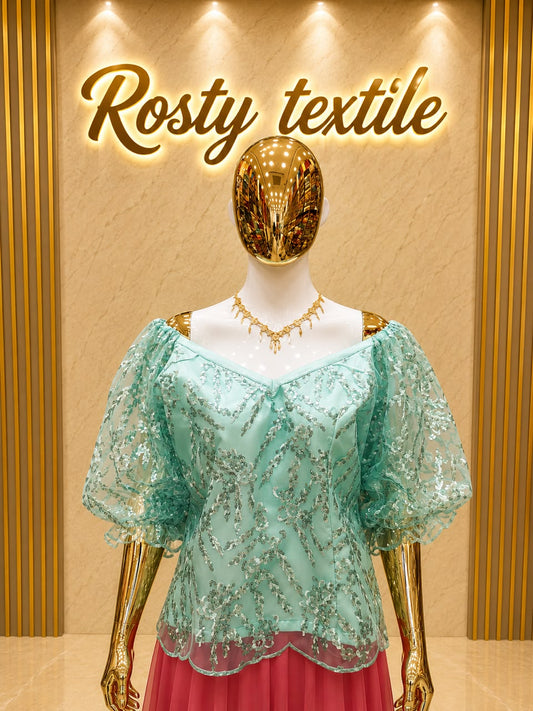 Body en Dentelle Vert Menthe – Manches Bouffantes
