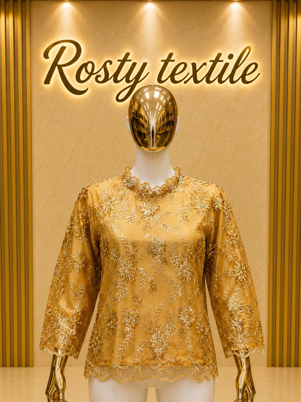 Body en Dentelle Doré – Manches 3/4 Col Montant