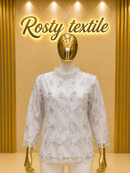 Body en Dentelle Blanc Argenté – Manches 3/4 Col Montant