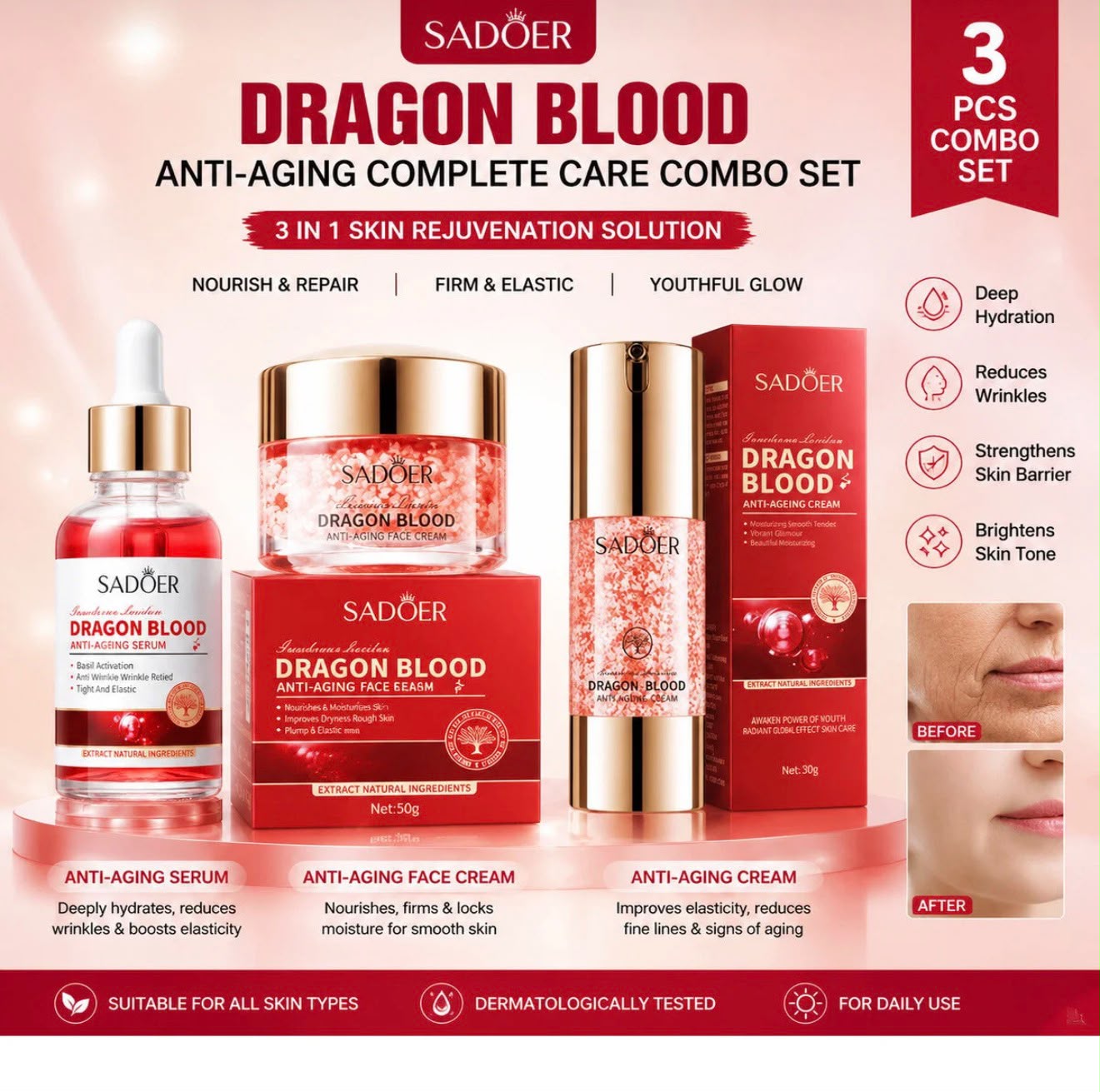 Coffret Sadoer Dragon Blood avec sérum et crèmes visage anti-âge
