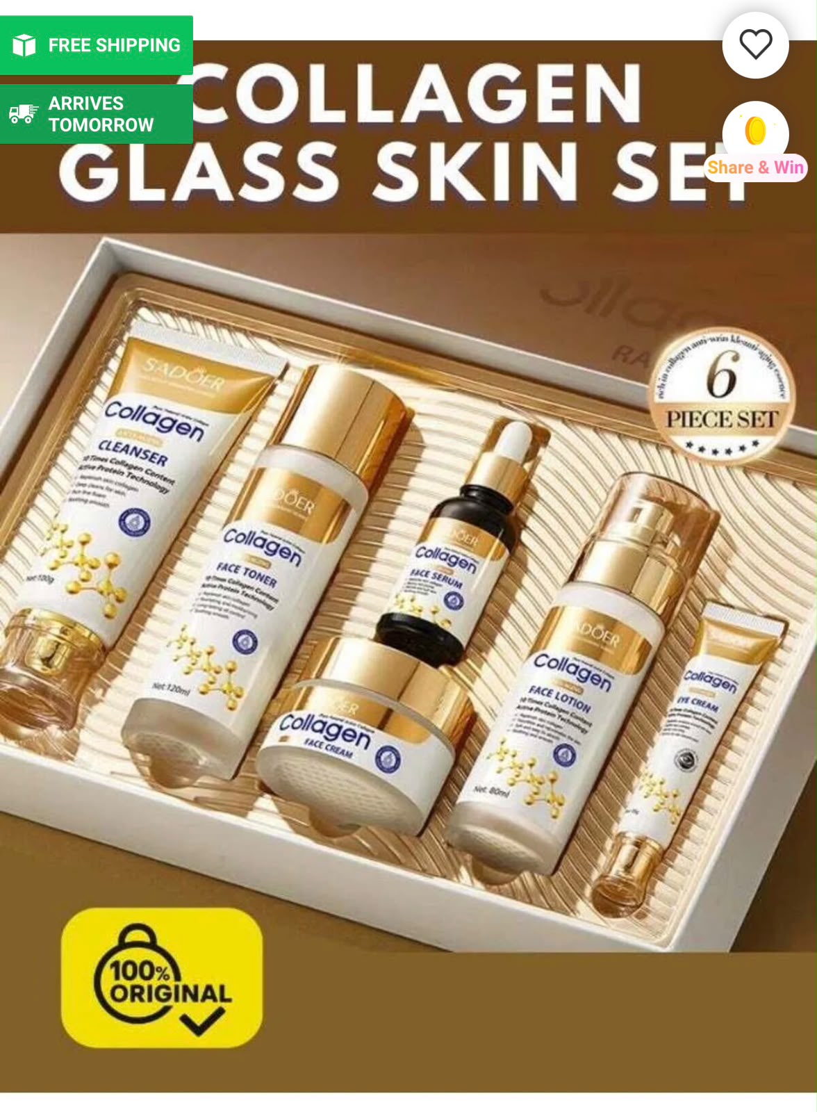 Coffret Collagen Sadoer 6 pièces avec nettoyant, toner, sérum et soins visage