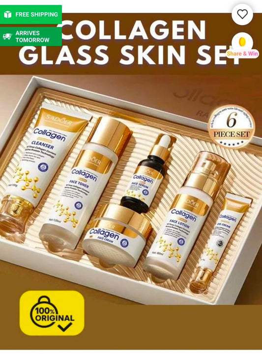 Coffret Collagen Sadoer 6 pièces avec nettoyant, toner, sérum et soins visage