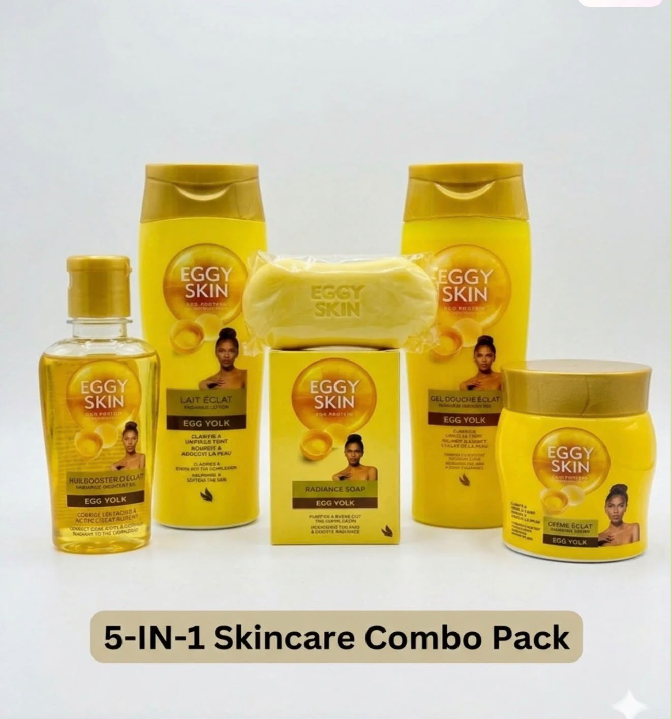 Coffret Eggy Skin 5-en-1 avec huile, lotion, gel douche, savon et crème