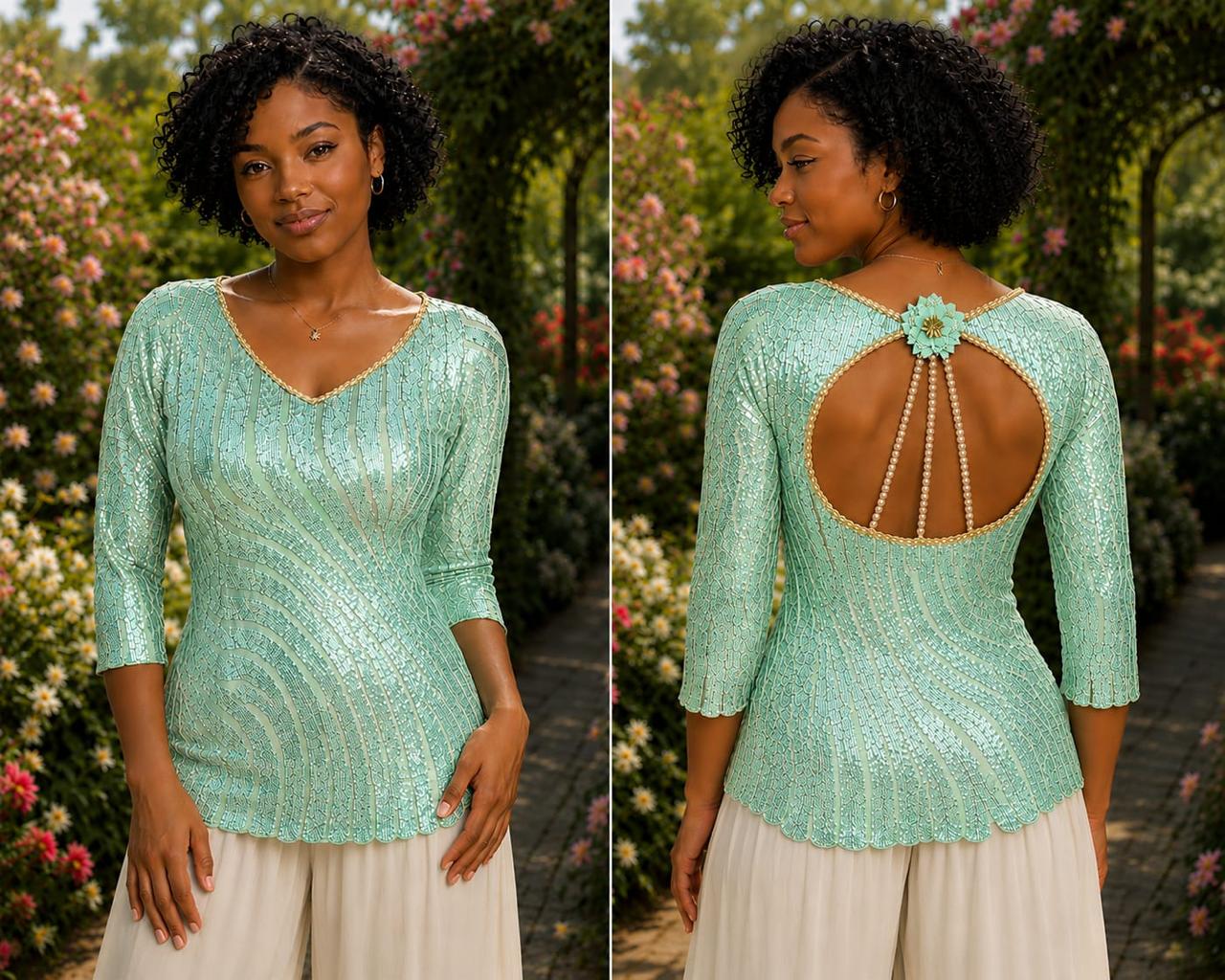 Body pailleté vert menthe présenté de face et de dos