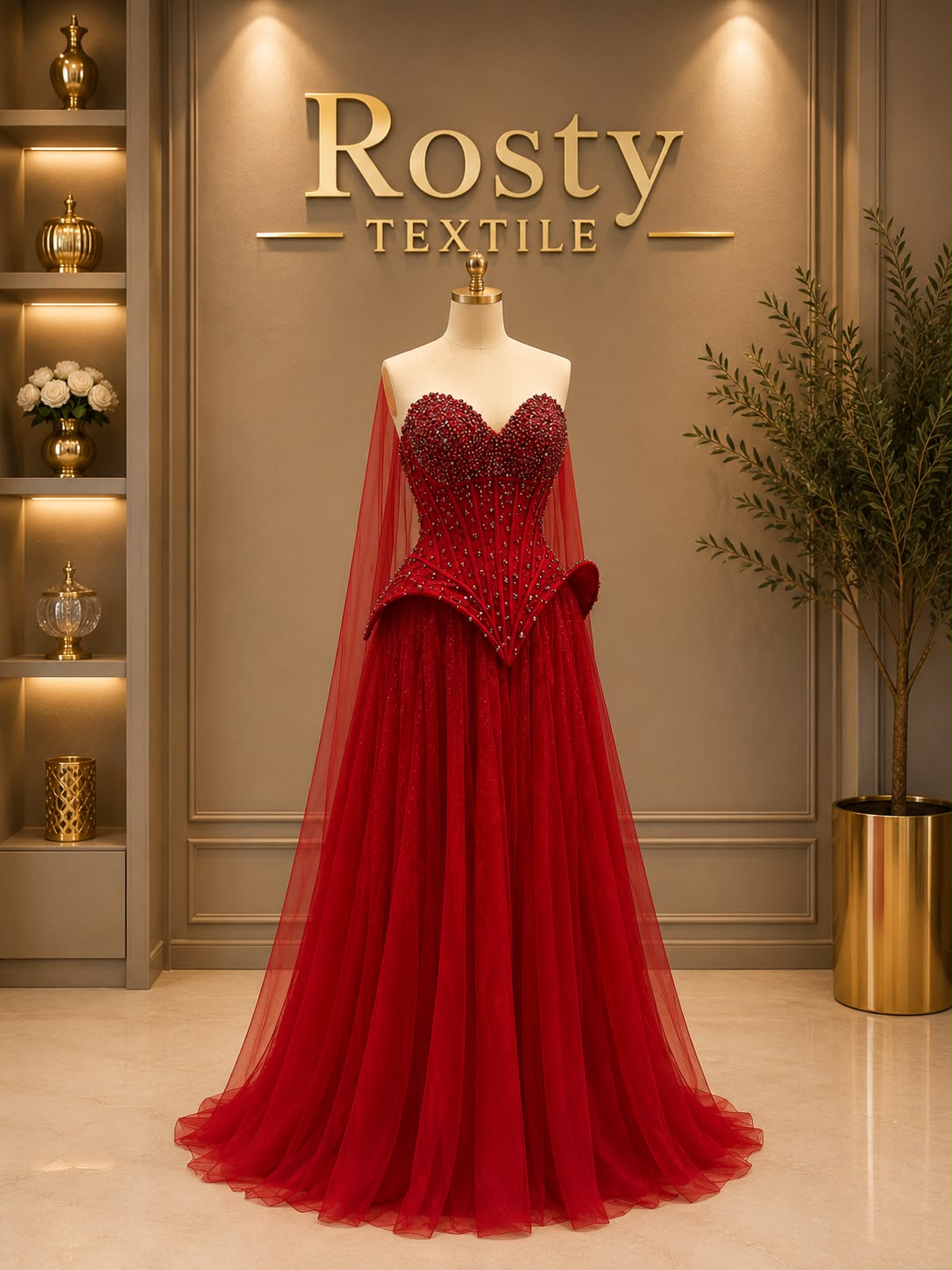 Robe de soirée rouge bordeaux bustier cristaux et tulle vaporeux avec cape